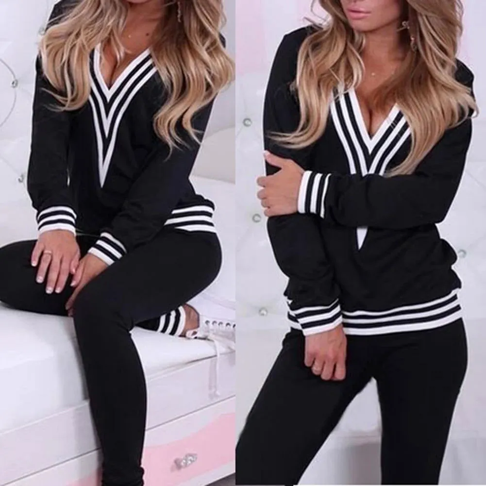 Soft Cotton V-Neck Striped Pullover and Pants Women's Tracksuits