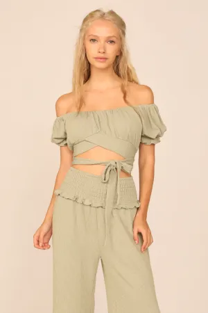Soft Olive Rib Knit Wrap Crop Top