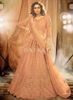 Soft Peach Zari Embroidery Wedding Lehenga Choli