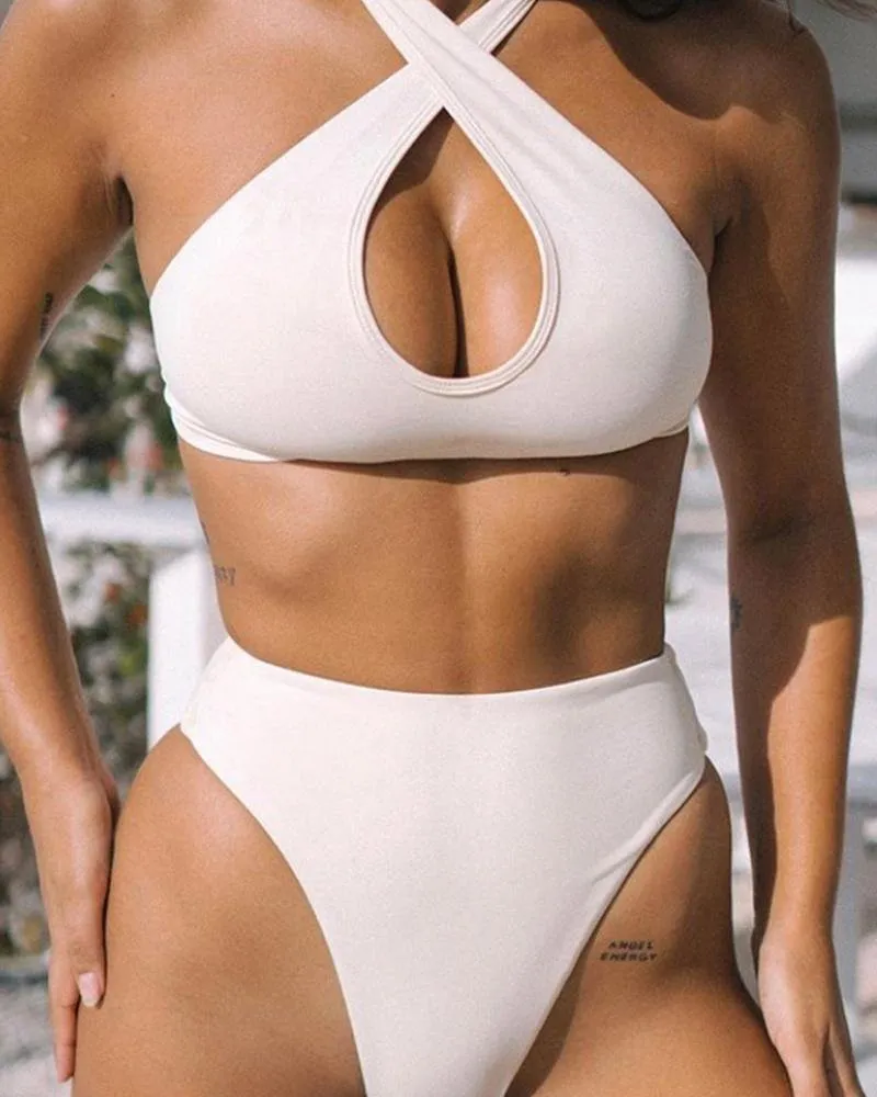 Solid Cross Strap Cut-out Cropped Tanks With Panties Bikini Sets