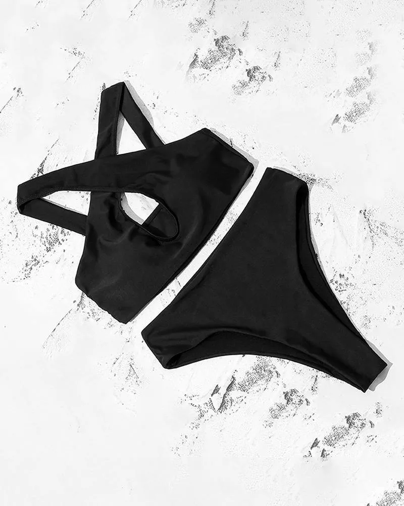 Solid Cross Strap Cut-out Cropped Tanks With Panties Bikini Sets