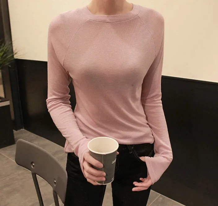 Spring Sexy Elastic Korean Style Skinny Slim Fit Long Sleeve Tops #2123