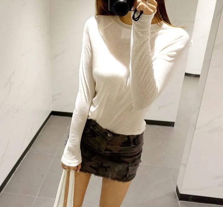 Spring Sexy Elastic Korean Style Skinny Slim Fit Long Sleeve Tops #2123