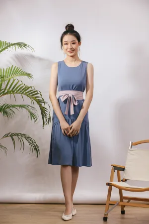 Starla Two-Way Sash Tie Midi Dress in Dust Blue/Pink (Convertible)