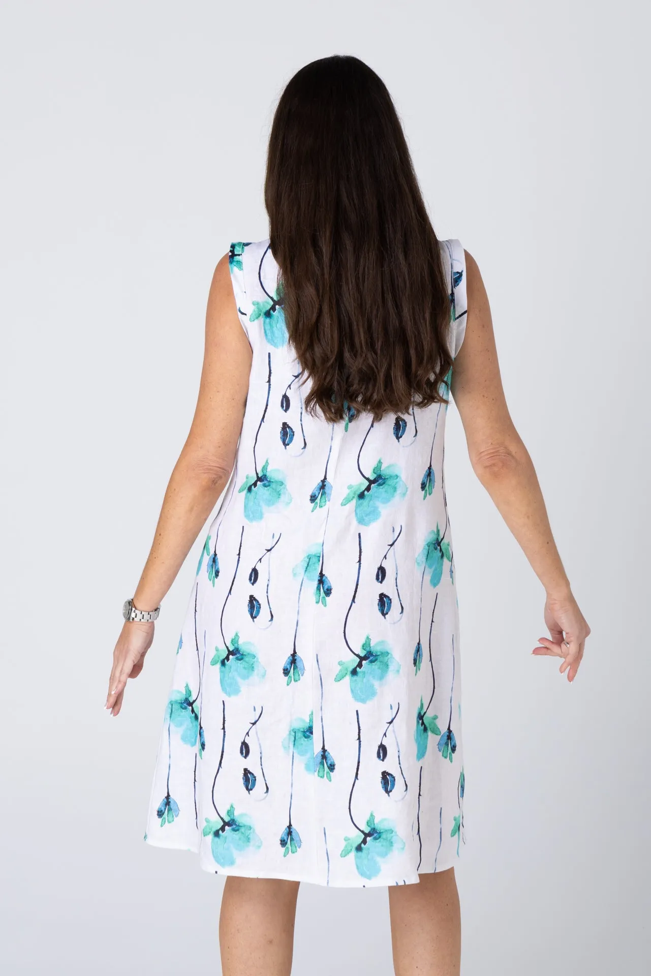 Stems Print 100% Linen Sleeveless Dress