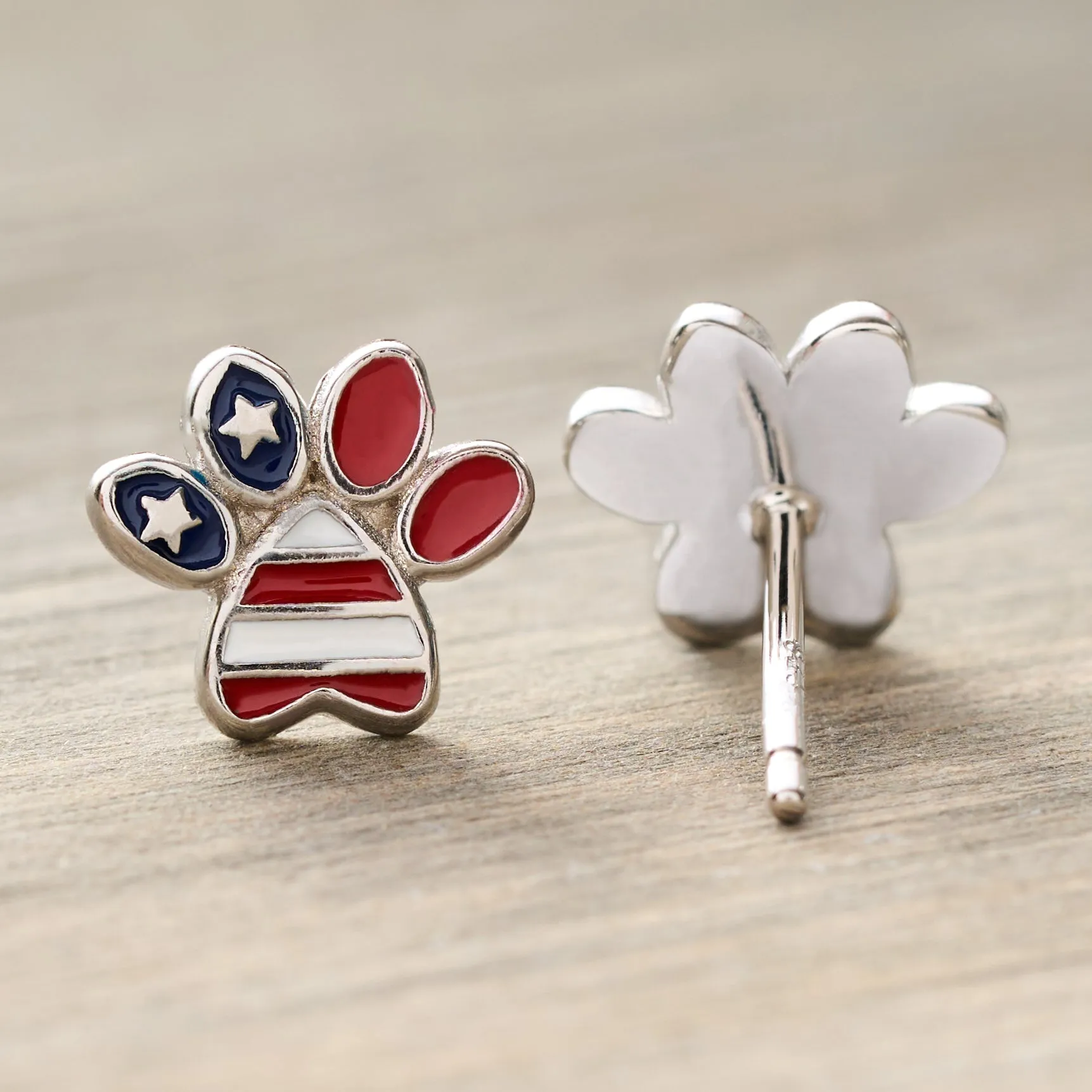 Sterling Silver American Flag Dog Paw Studs
