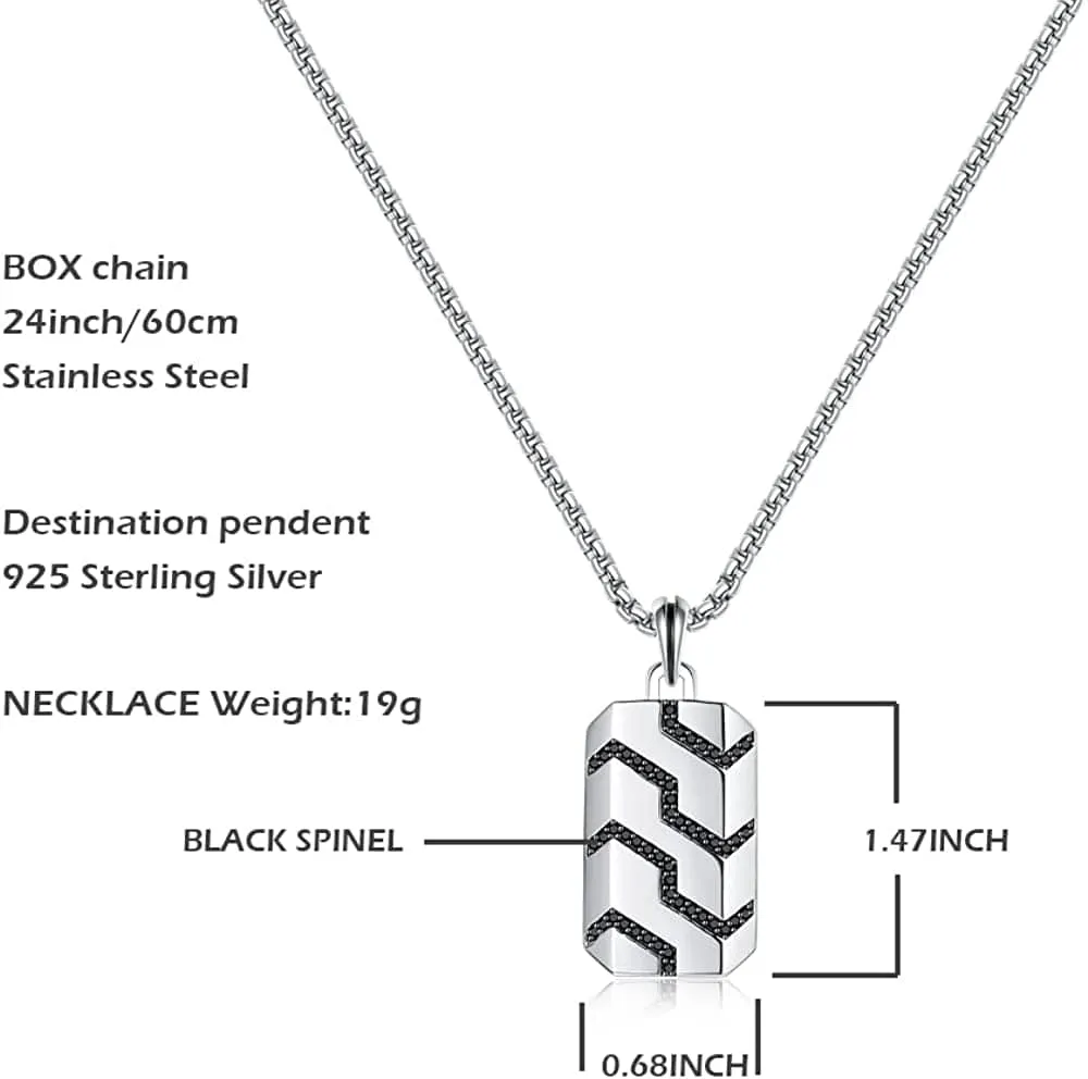 Sterling Silver Mens Black Spinel Classic Chain Dog Tag Pendant On A Stainless Box Chain Necklace 24 Inches