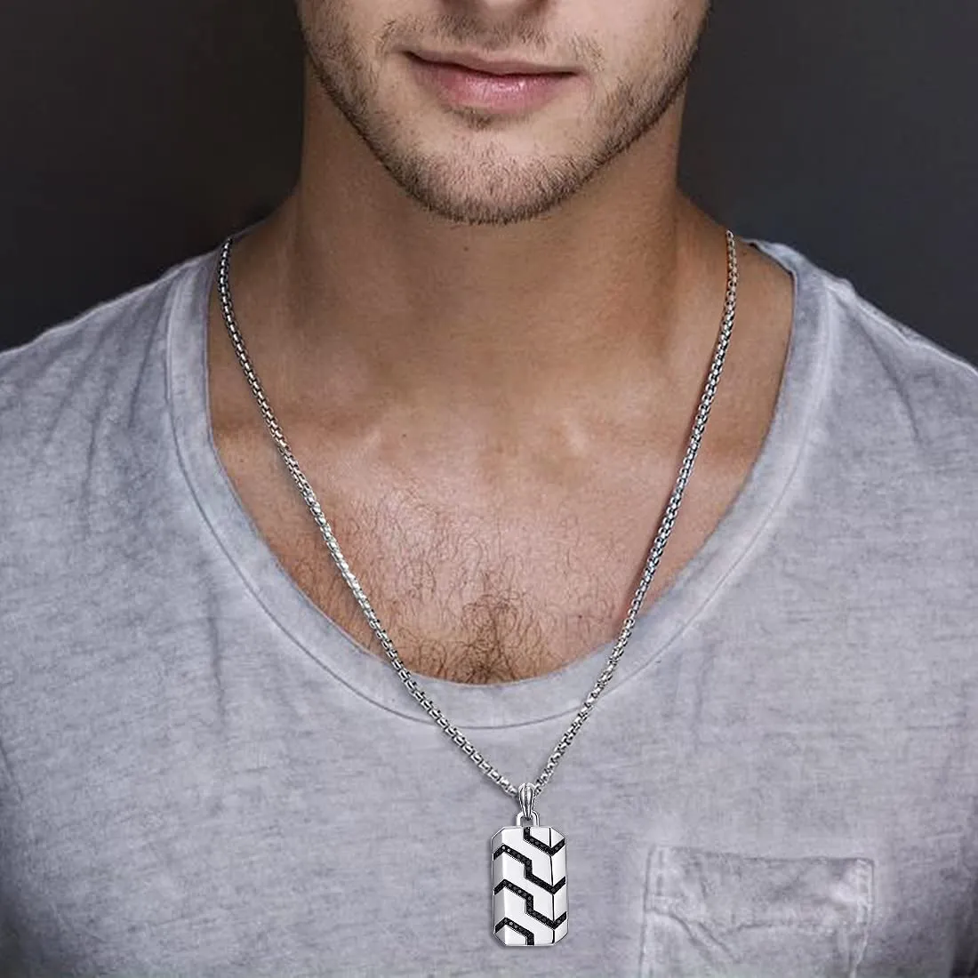 Sterling Silver Mens Black Spinel Classic Chain Dog Tag Pendant On A Stainless Box Chain Necklace 24 Inches