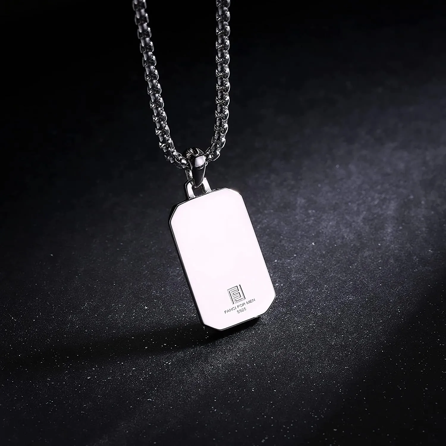 Sterling Silver Mens Black Spinel Classic Chain Dog Tag Pendant On A Stainless Box Chain Necklace 24 Inches
