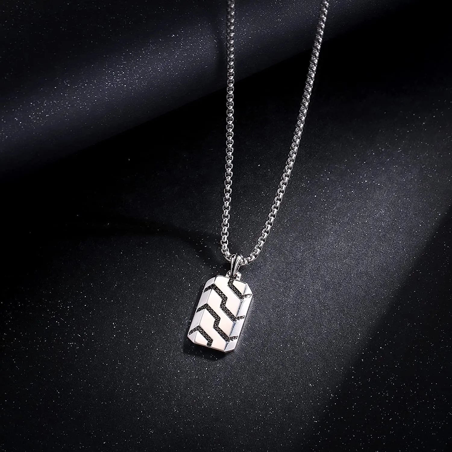 Sterling Silver Mens Black Spinel Classic Chain Dog Tag Pendant On A Stainless Box Chain Necklace 24 Inches