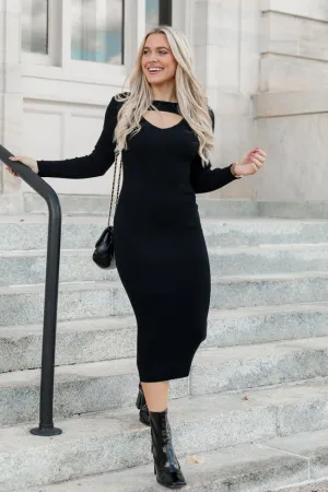 Still Night Black Long Sleeve Midi Dress FINAL SALE