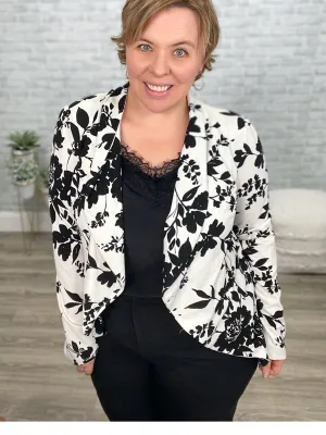 Stretchy Figure Flattering Blazer - Black and White Floral