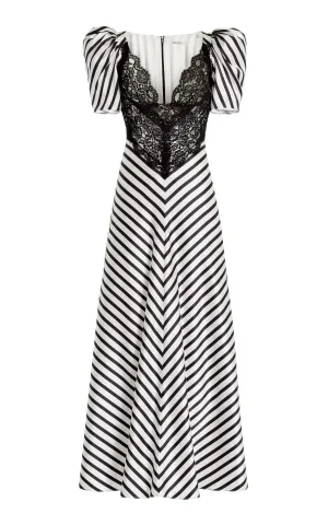 Stripe Silk Satin Short Sleeve Dress With Black Lace Details