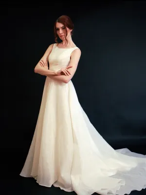 Style D2414 -Modern Organza Satin Scoop Neck A-line Princess Wedding dress with detachable sleeves