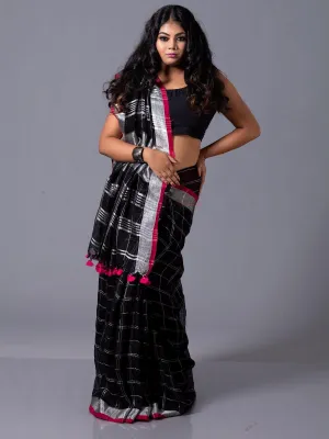 Stylish Black Check Linen Saree