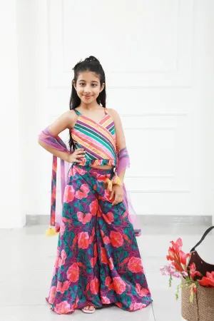 Stylish Diagonal Gota Lace Work Striped Multicolour Cape Top And Floral Printed Palazzo
