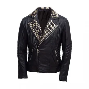 Stylish Padded Leather Jacket with Black Silver Gold Studs for Men