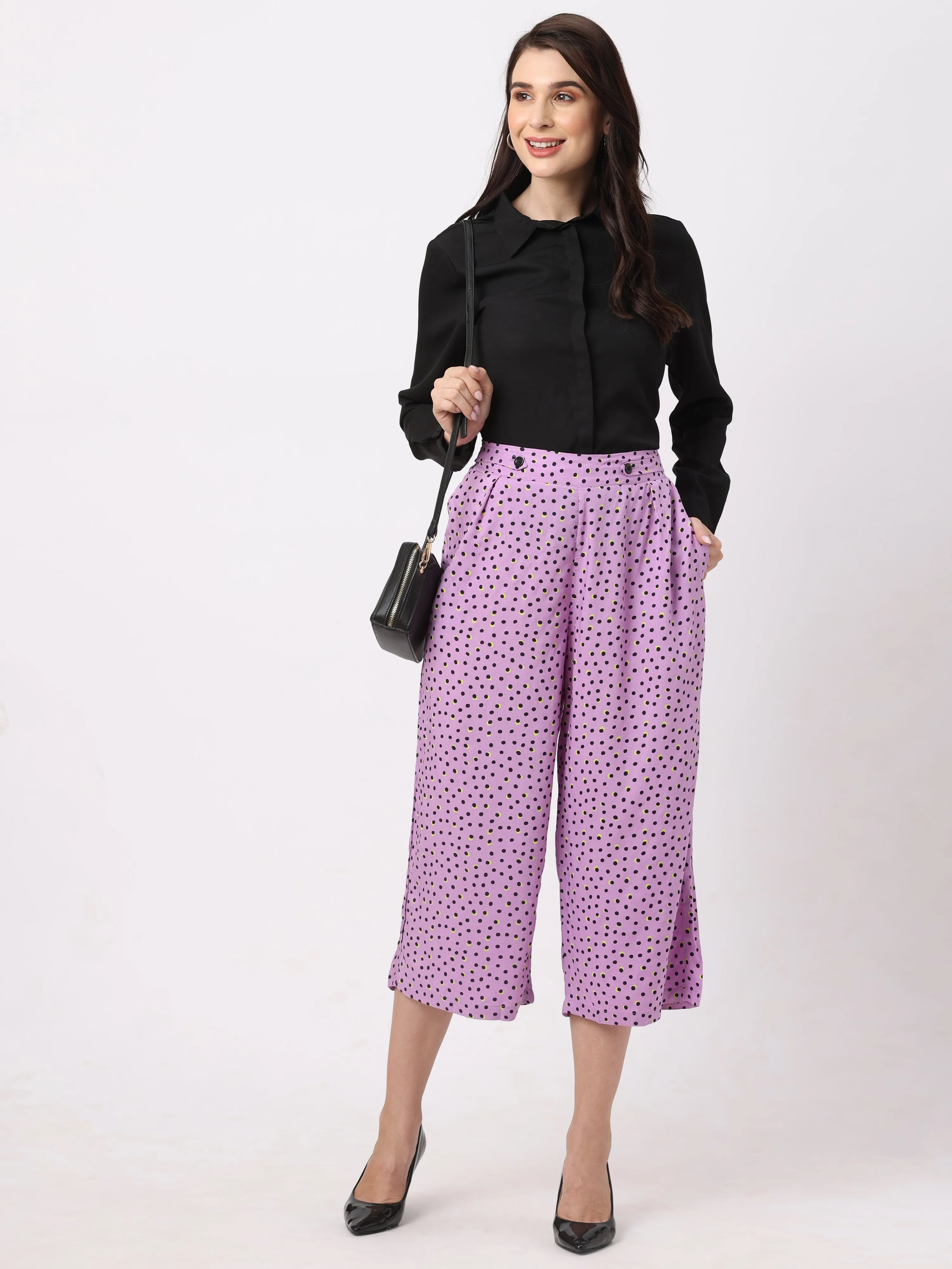 Stylish Pale Pink Polka-Dotted Culotte Pants For Women