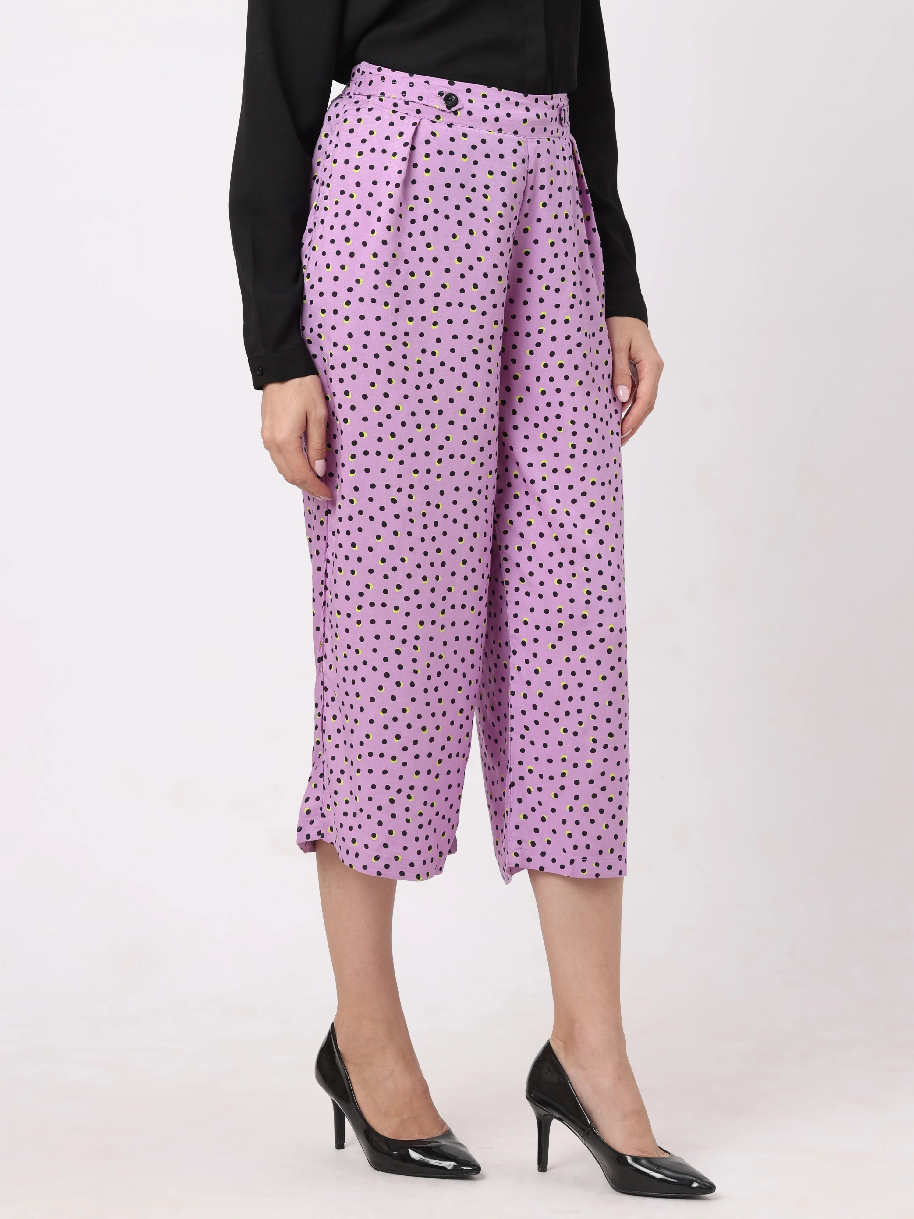 Stylish Pale Pink Polka-Dotted Culotte Pants For Women