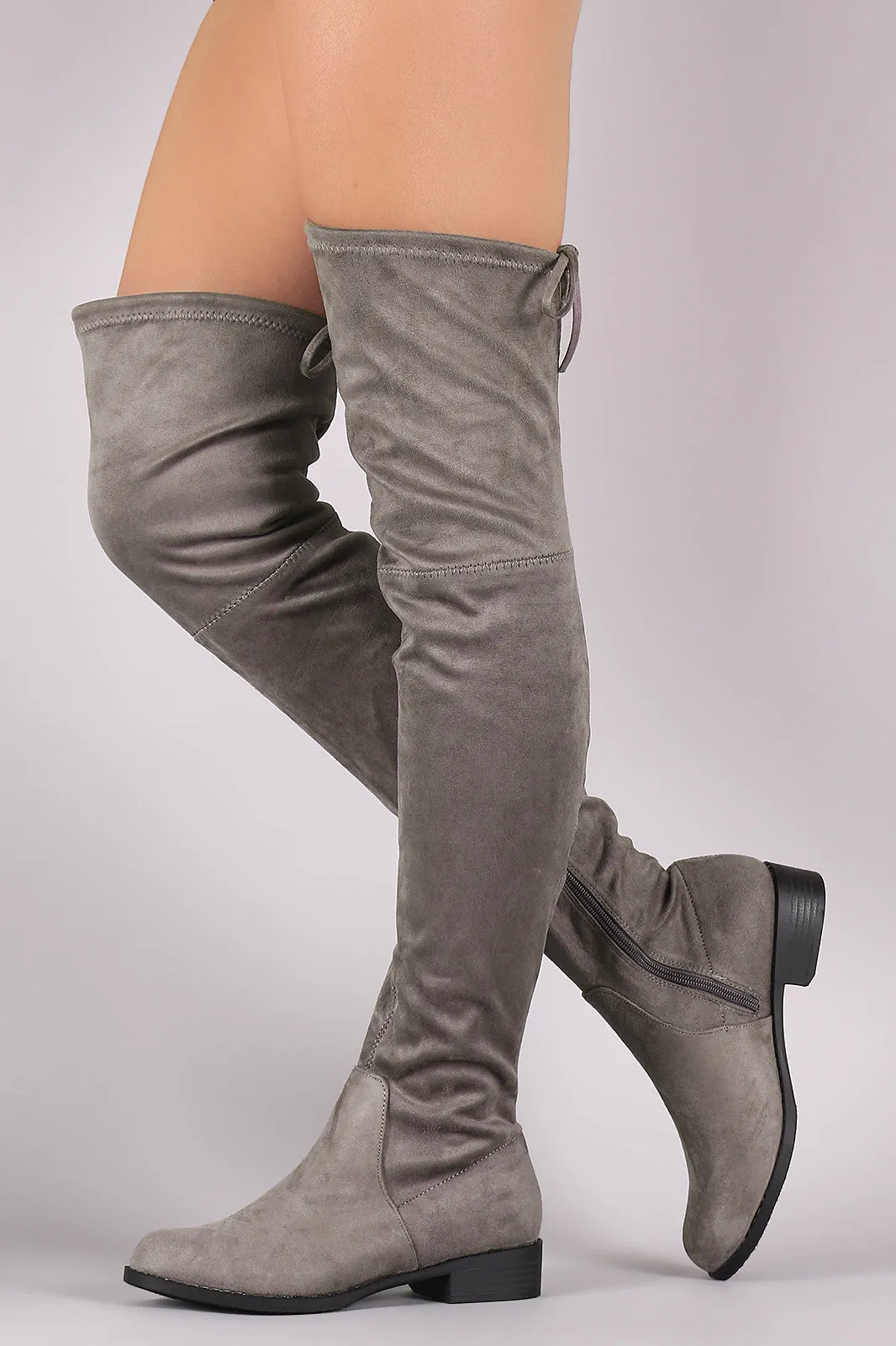 Suede Drawstring-Tie Block Heeled Riding Boots