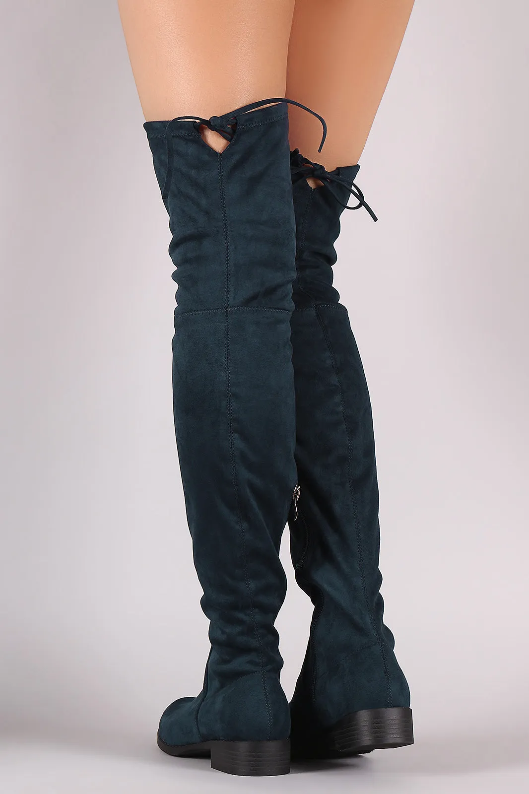 Suede Drawstring-Tie Block Heeled Riding Boots