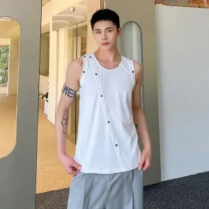 Summer Tight Fitting Vest Round Neck Sleeveless Men's Tank Top Personalized Button Shoulderless Fashion Solid Color 9C5330