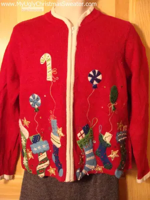 Tacky Cheap Ugly Christmas Sweater with Festive Brilliant Stockings (f513)