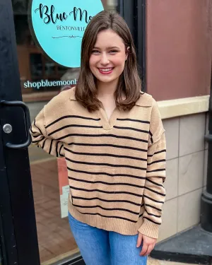 Taupe/Black Striped V-Neck Sweater