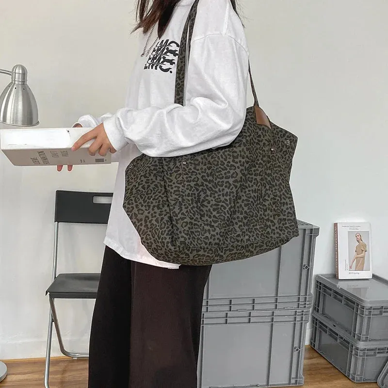 TAVIMART  -  Canvas High-capacity Pocket Handbag Vintage Y2k Aesthetic Leopard Women Students Underarm Bag Harajuku Trendy Shoulder Tote Bags