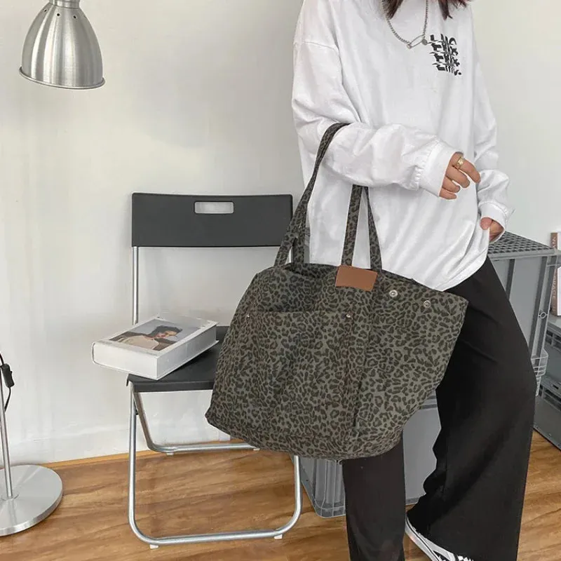 TAVIMART  -  Canvas High-capacity Pocket Handbag Vintage Y2k Aesthetic Leopard Women Students Underarm Bag Harajuku Trendy Shoulder Tote Bags
