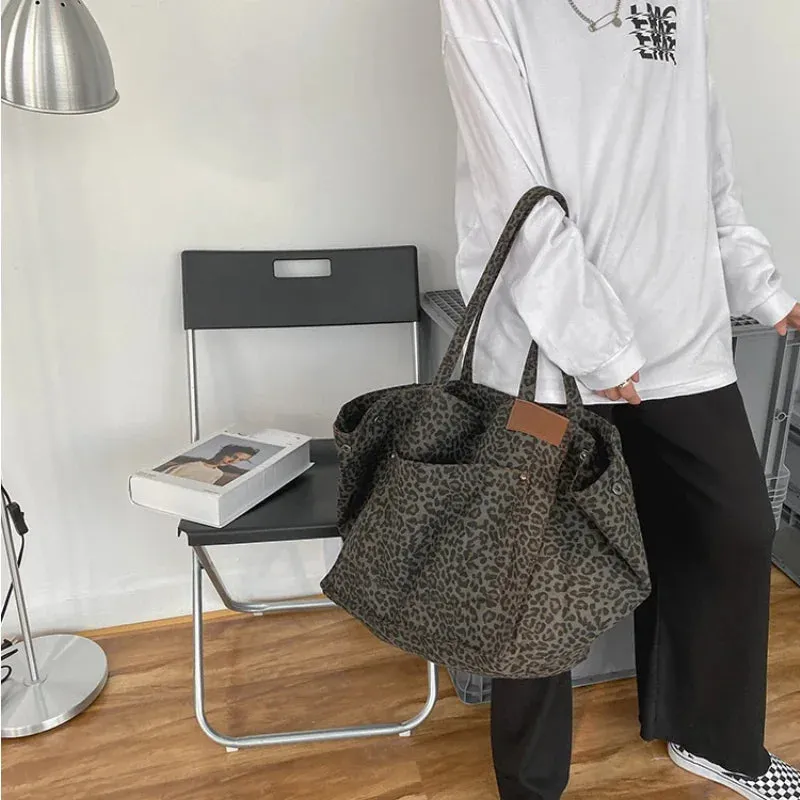TAVIMART  -  Canvas High-capacity Pocket Handbag Vintage Y2k Aesthetic Leopard Women Students Underarm Bag Harajuku Trendy Shoulder Tote Bags