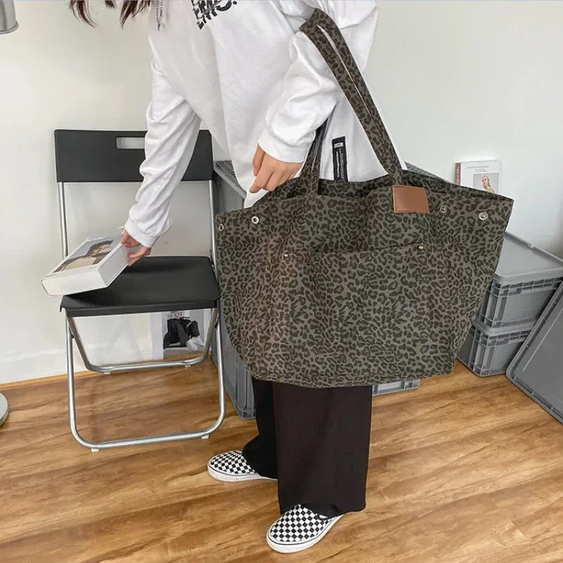 TAVIMART  -  Canvas High-capacity Pocket Handbag Vintage Y2k Aesthetic Leopard Women Students Underarm Bag Harajuku Trendy Shoulder Tote Bags