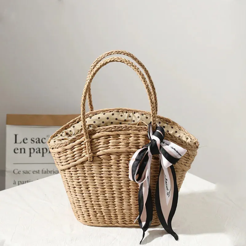TAVIMART  -  New style straw bag women fashion silk scarf summer straw bag woven bag portable seaside holiday handbag bag