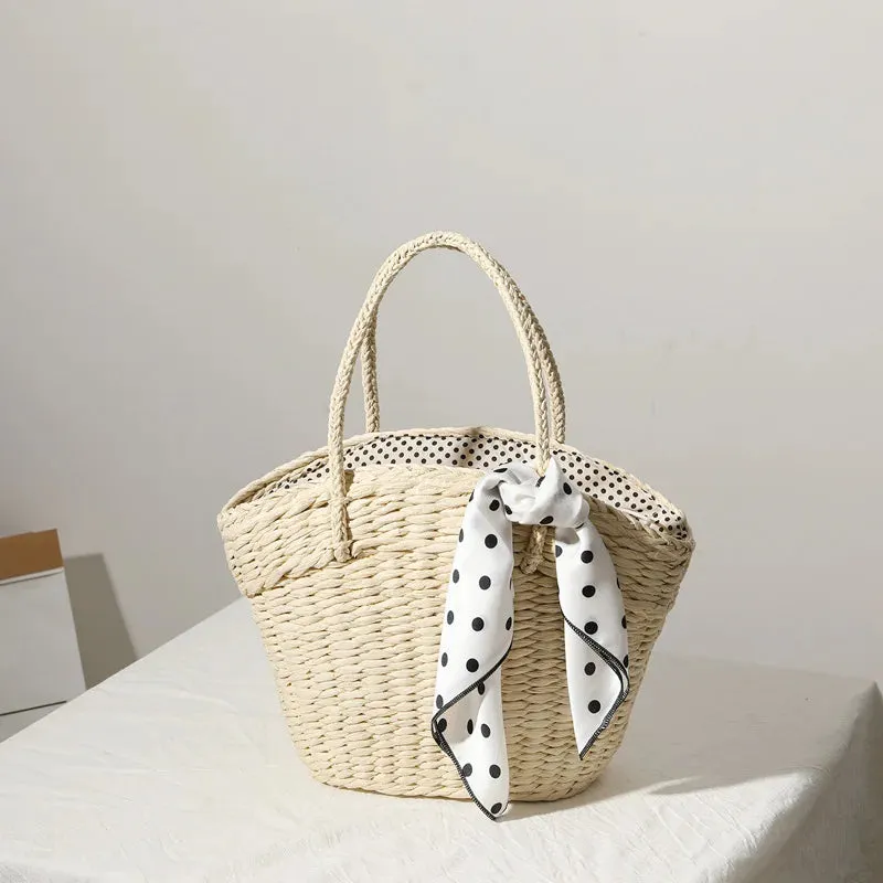 TAVIMART  -  New style straw bag women fashion silk scarf summer straw bag woven bag portable seaside holiday handbag bag