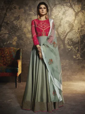 Teal And Pink Zari Embroidered Party Wear Anarkali Suit