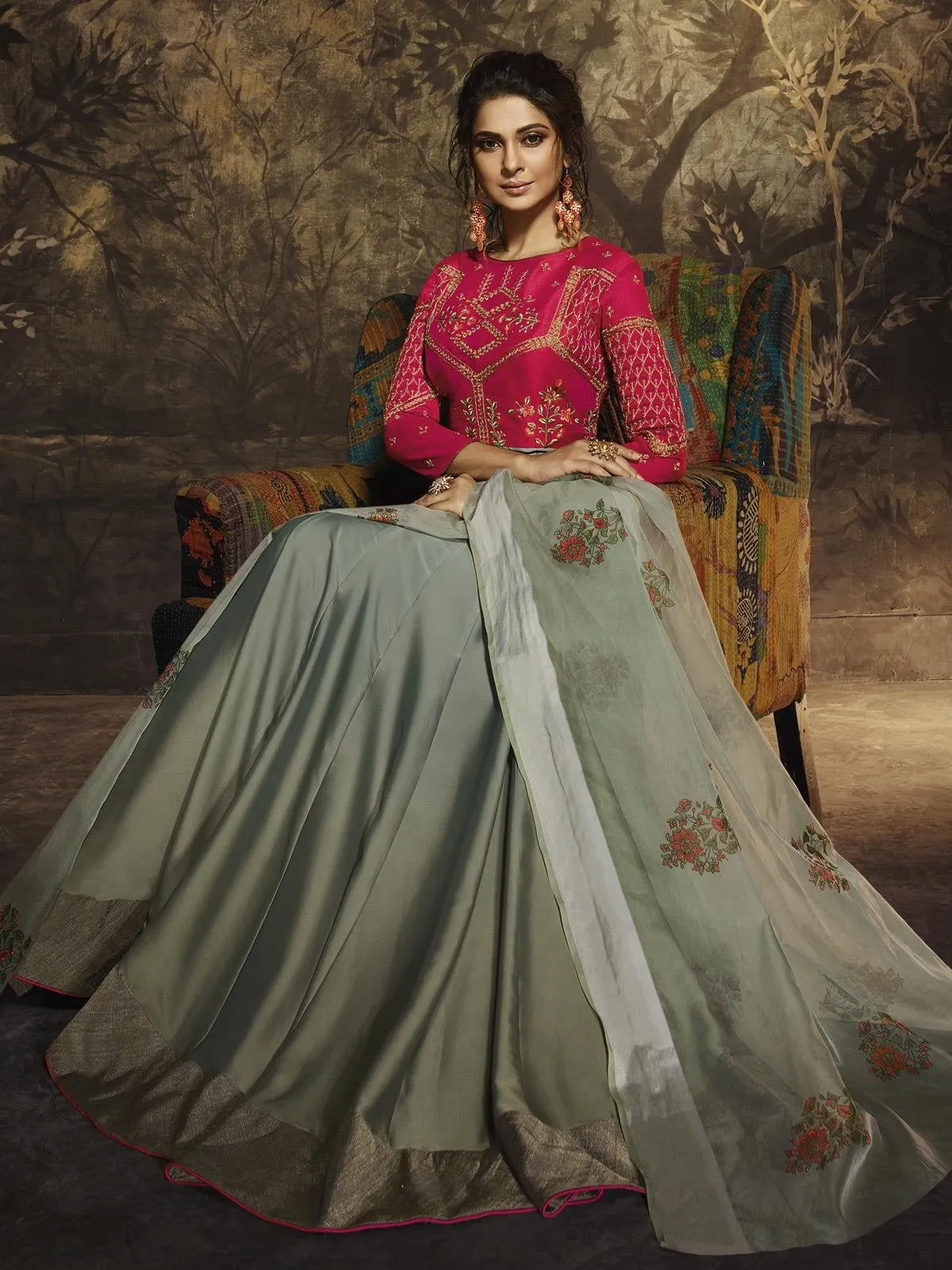 Teal And Pink Zari Embroidered Party Wear Anarkali Suit