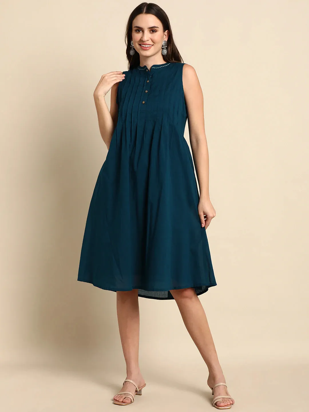 Teal Blue Cotton A line Dress