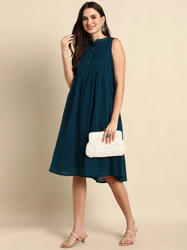 Teal Blue Cotton A line Dress