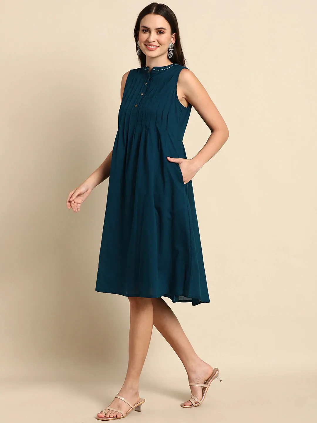 Teal Blue Cotton A line Dress
