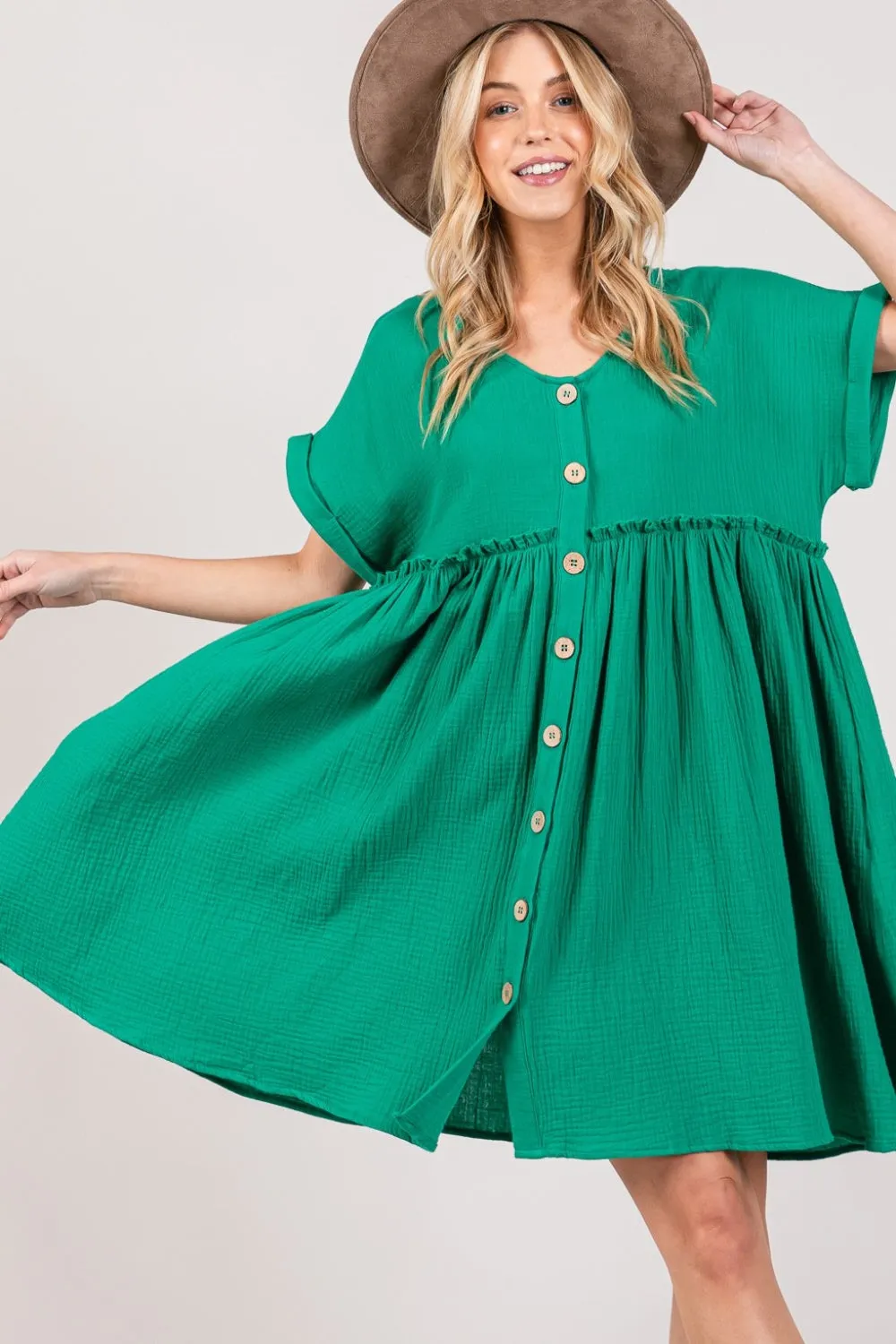 TEEK - Kelly Green Button Up Short Sleeve Dress