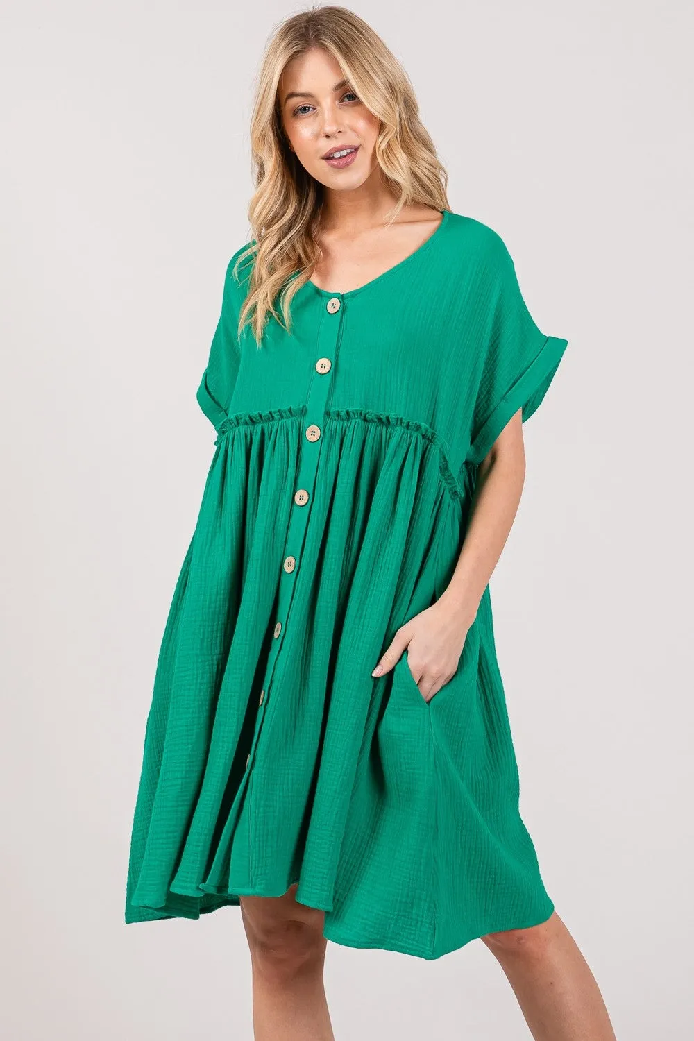 TEEK - Kelly Green Button Up Short Sleeve Dress