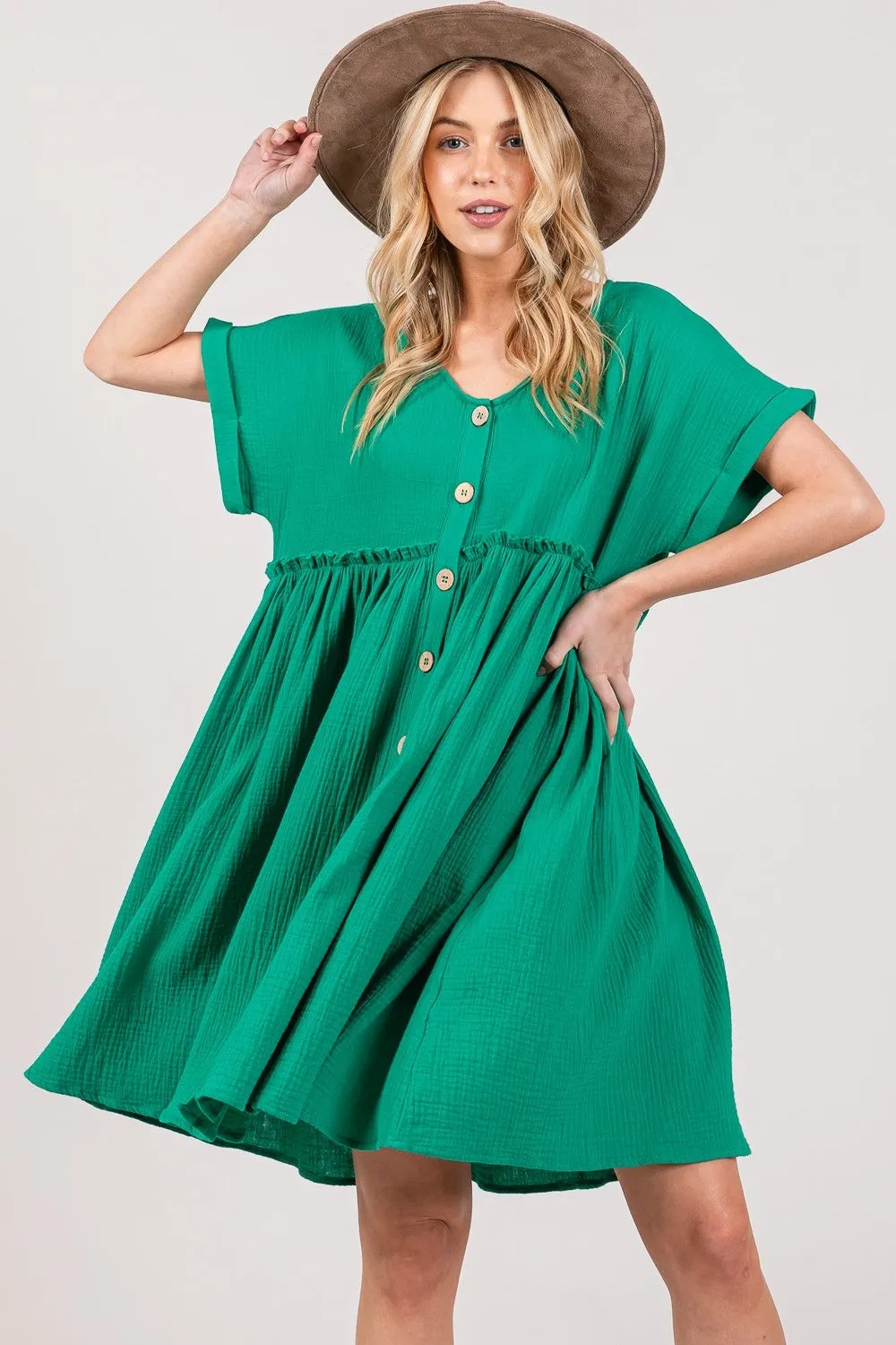 TEEK - Kelly Green Button Up Short Sleeve Dress