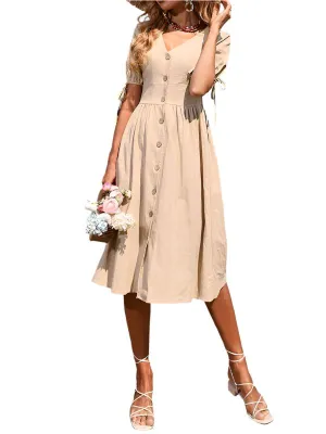 TEEK - Woven V-Neck Buttoned A-line Short Tied Sleeve Dress