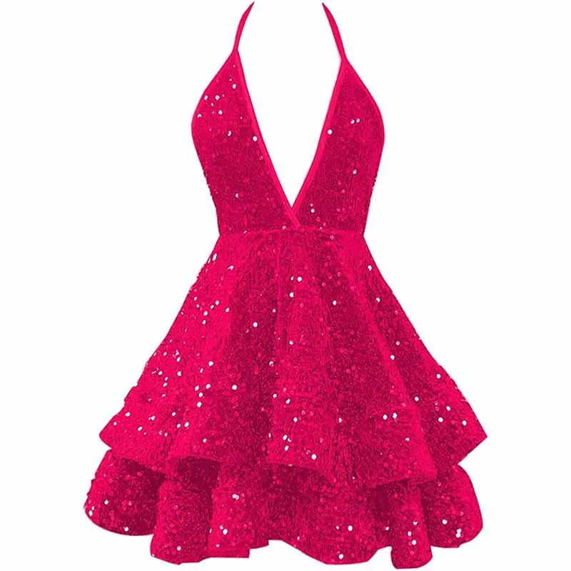Teens Homecoming Dresses Sparkly Halter Tiered Mini Cocktail Evening Party Dresses