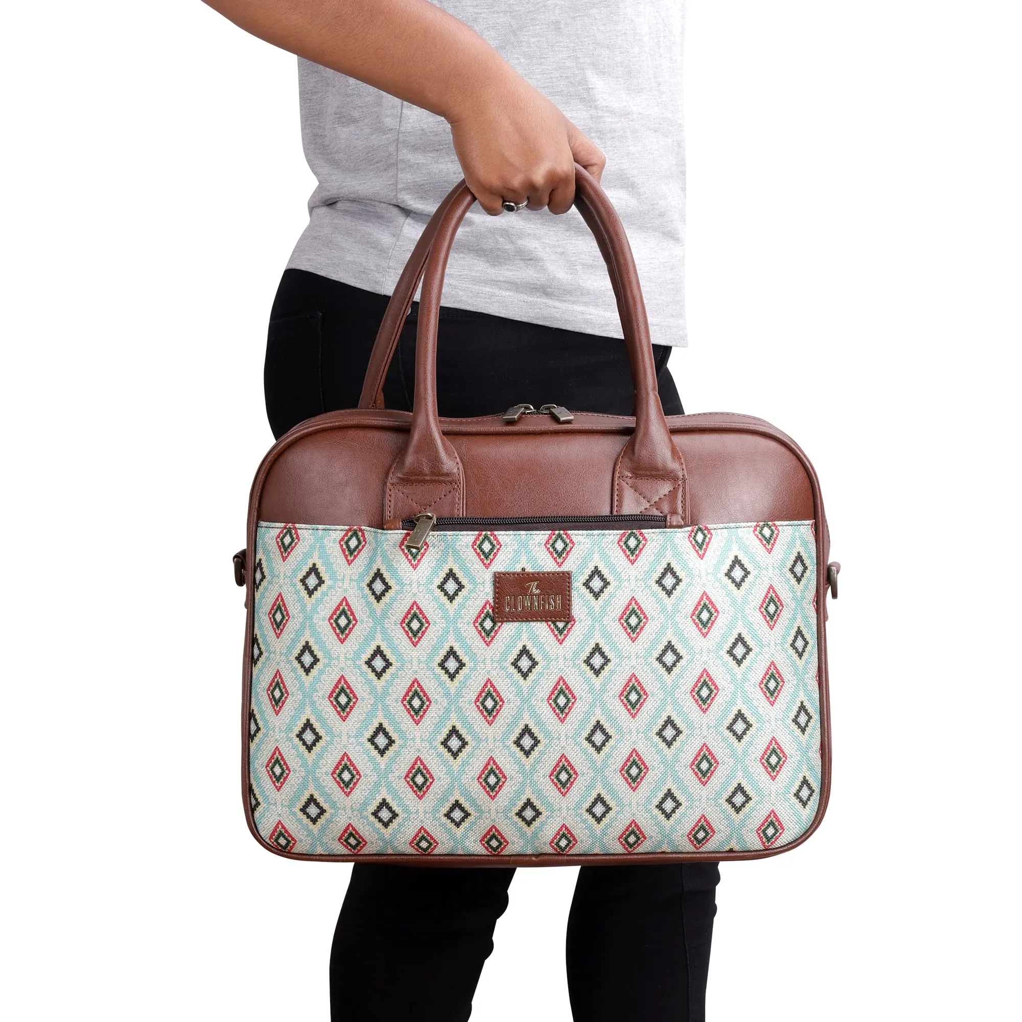 THE CLOWNFISH Deborah series 15.6 inch Laptop Bag For Women Printed Handicraft Fabric & Faux Leather Office Bag Briefcase Messenger Sling Handbag Business Bag (Sky Blue-Diamond)
