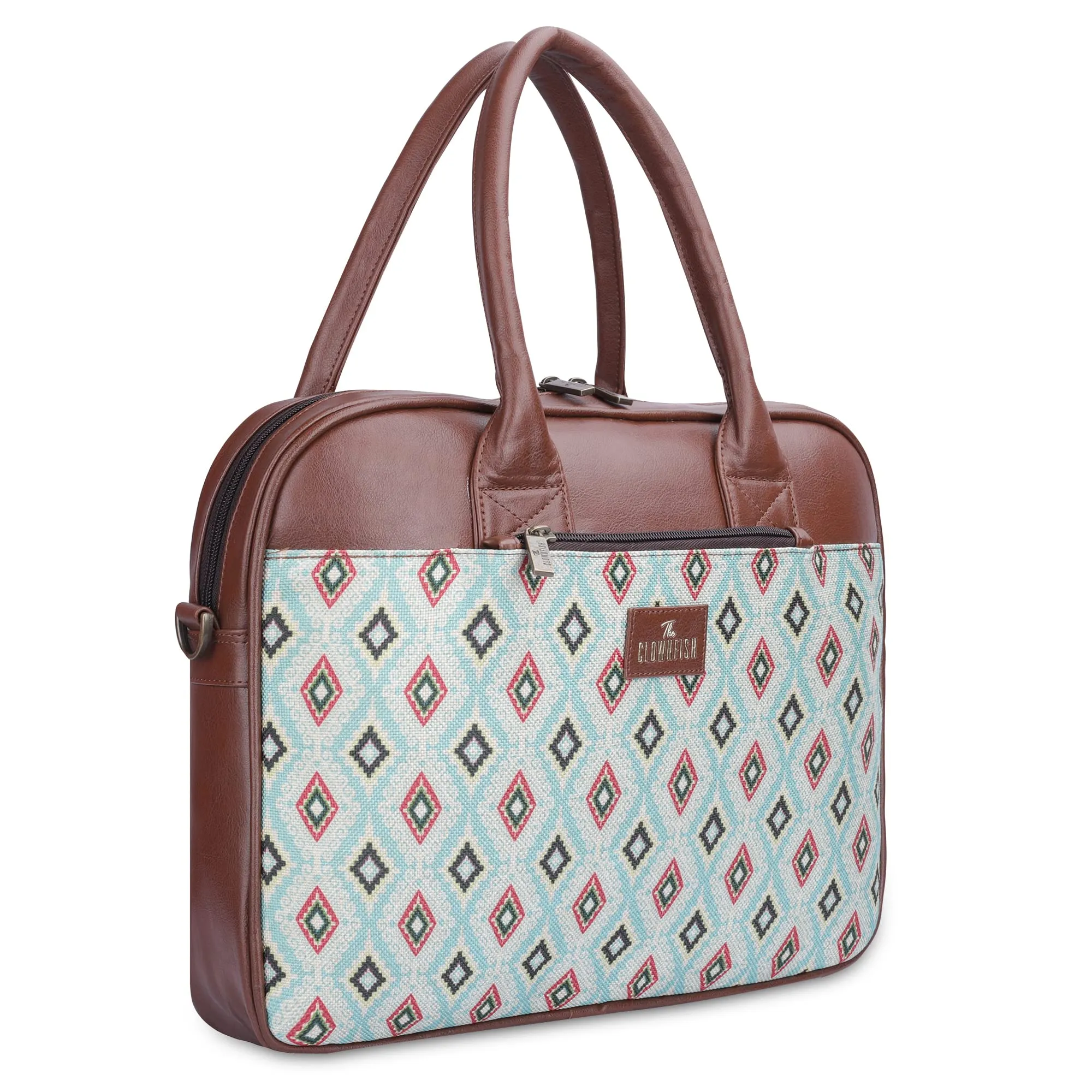 THE CLOWNFISH Deborah series 15.6 inch Laptop Bag For Women Printed Handicraft Fabric & Faux Leather Office Bag Briefcase Messenger Sling Handbag Business Bag (Sky Blue-Diamond)