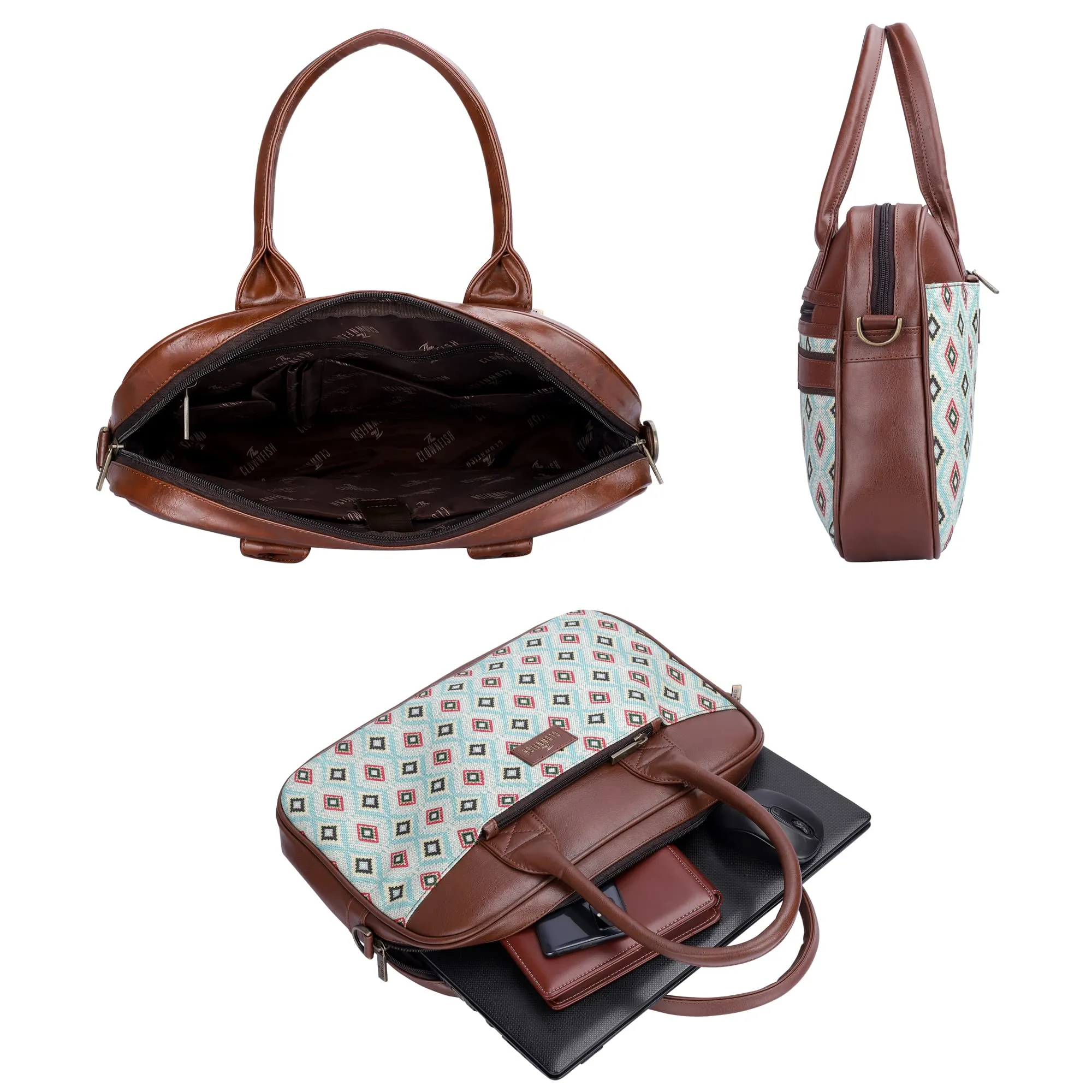 THE CLOWNFISH Deborah series 15.6 inch Laptop Bag For Women Printed Handicraft Fabric & Faux Leather Office Bag Briefcase Messenger Sling Handbag Business Bag (Sky Blue-Diamond)