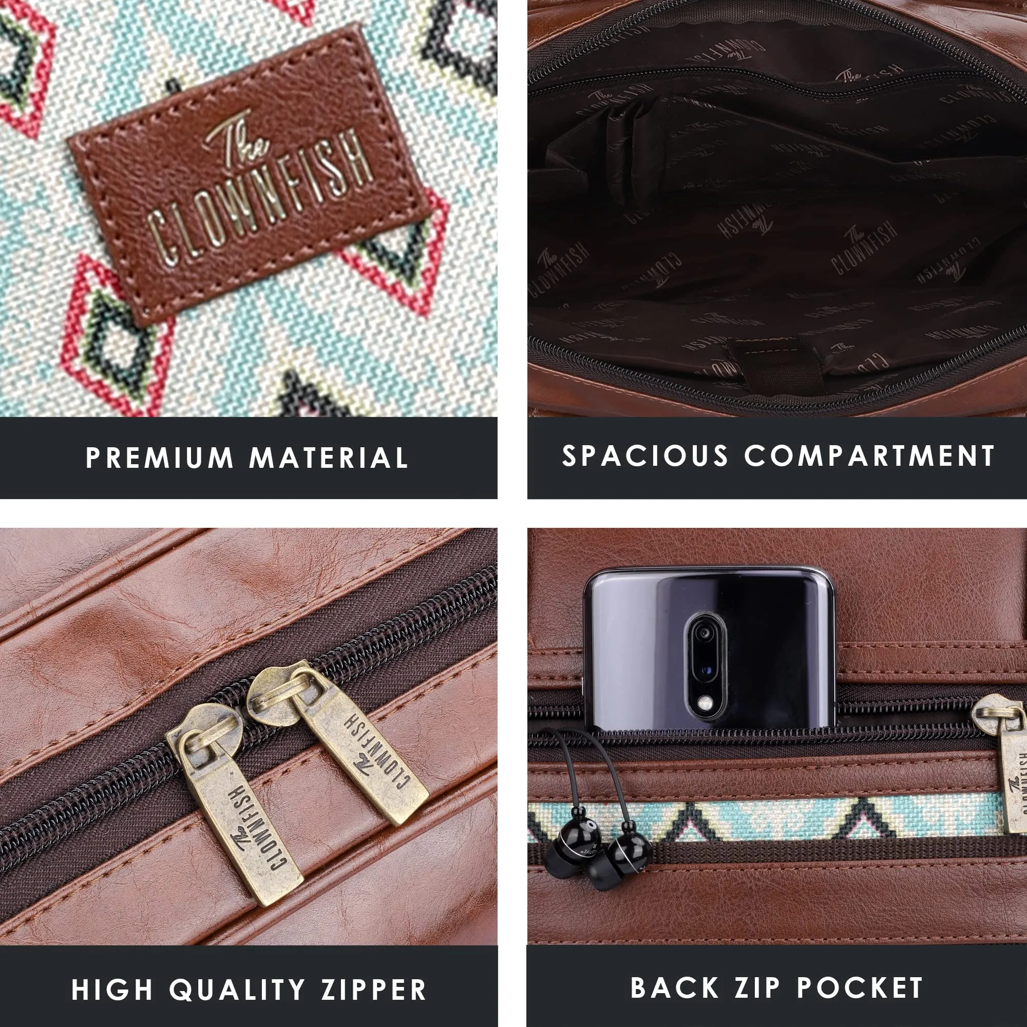 THE CLOWNFISH Deborah series 15.6 inch Laptop Bag For Women Printed Handicraft Fabric & Faux Leather Office Bag Briefcase Messenger Sling Handbag Business Bag (Sky Blue-Diamond)