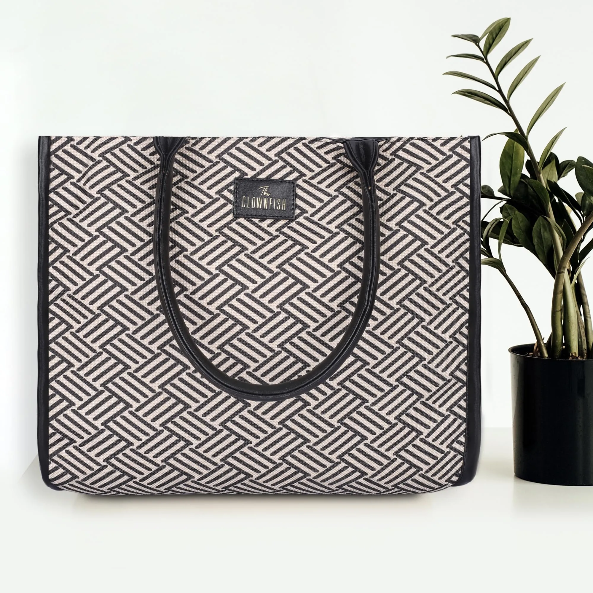 THE CLOWNFISH Opulence Series Multipurpose Handbag For Women Box Bag 14 inch Laptop Bag Tote Printed Handicraft Fabric & Faux Leather Bag (Black-Line Design)