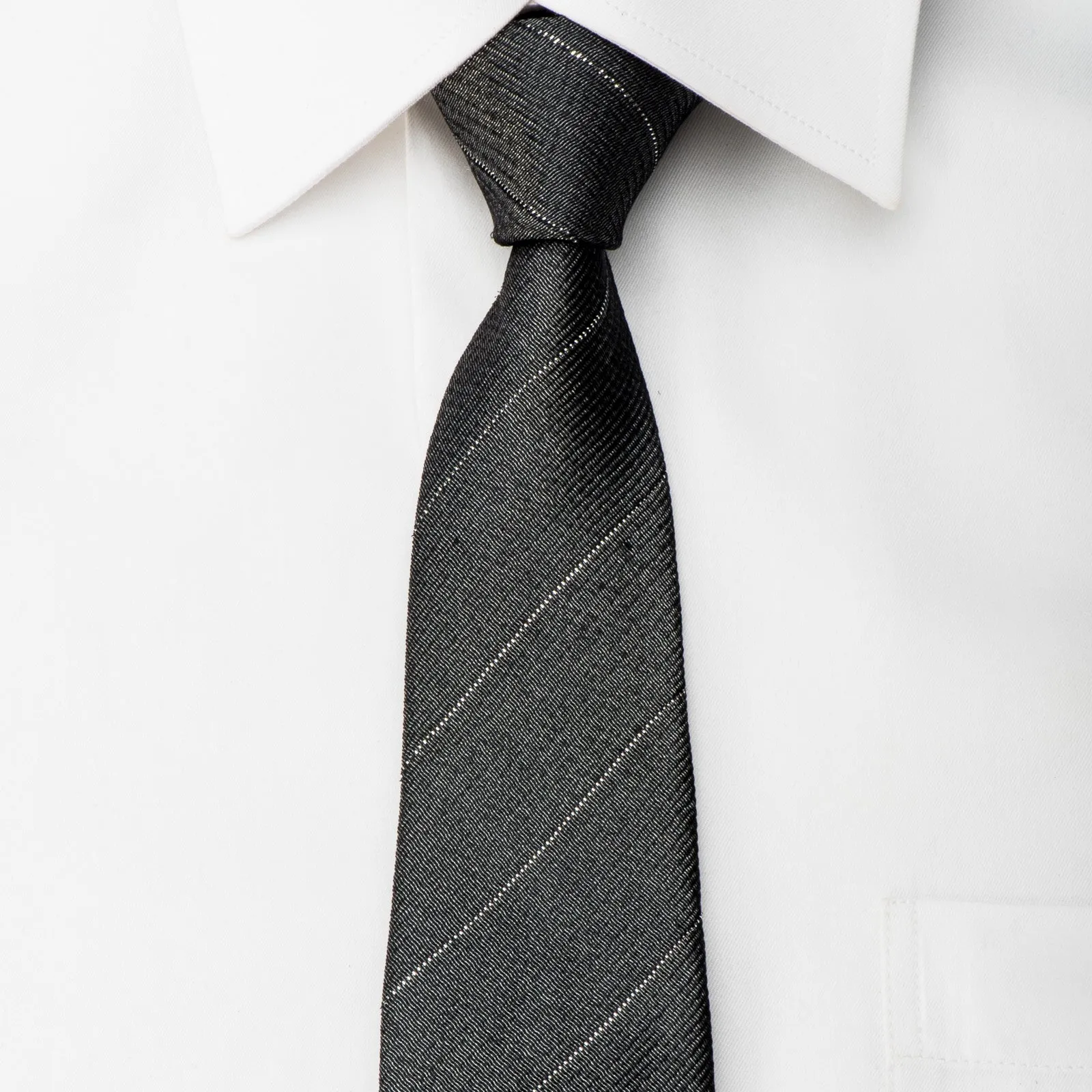 The Fresh Skinny Silk Tie Silver Striped On Dark Gray